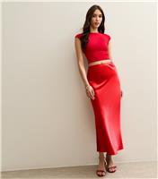 Women's Bright Red Satin Bias Cut Midi Skirt New Look