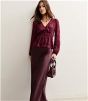 Women's Dark Burgundy Satin Bias Cut Midi Skirt New Look