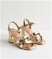 Women's Wide Fit Gold Metallic Twist Strap Block Heel Sandals Vegan New Look