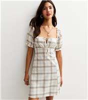 Women's Cream Checked Milkmaid Mini Dress New Look