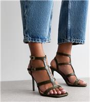 Women's Dark Green Gladiator Strap Stiletto Heel Sandals Vegan New Look
