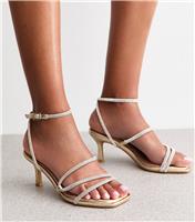 Women's Wide Fit Gold Diamant Embellished Strappy Sandals Vegan New Look