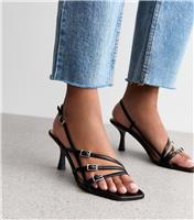 Women's Black Asymmetric Strap Stiletto Heel Sandals Vegan New Look