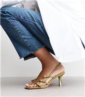 Women's Khaki Asymmetric Strap Stiletto Heel Sandals Vegan New Look