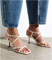 Women's Off White Faux Leather Stiletto Heel Sandals Vegan New Look