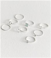 Silver Tone Pack of 8 Faux Stone Thin Rings New Look