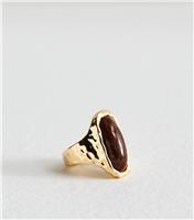 Gold Tone Textured Stone Embellished Ring New Look