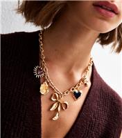 Gold Tone Statement Bow Charm Necklace New Look