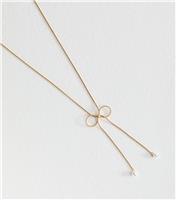 Gold Tone Faux Pearl Charm Bow Long Necklace New Look