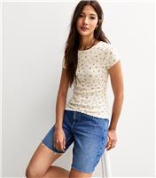 Women's Off White Ditsy Print Ribbed Lettuce Hem T-Shirt New Look