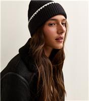 Black Contrast Whipstitch Trim Beanie New Look