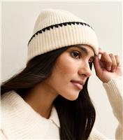 Cream Contrast Whipstitch Trim Beanie New Look
