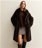 Women's Dark Brown Longline Faux Fur Coat New Look