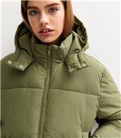 Girls' Dark Khaki Cropped Puffer Jacket New Look