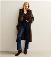Women's Dark Brown Faux Fur Trimmed Faux Suede Coat New Look