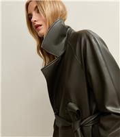 Women's Dark Khaki Faux Leather Trench Coat New Look