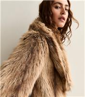 Women's Brown Faux Fur Shawl Collar Mid Coat New Look