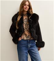 Women's Black Faux Suede Fur Trimmed Jacket New Look