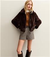Women's Dark Brown Faux Fur Bomber Jacket New Look