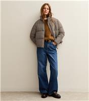 Women's Brown Houndstooth Check Pattern Cropped Puffer Jacket New Look