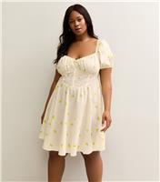 Women's Plus Size White Poplin Lemon Print Milkmaid Mini Dress Curves New Look