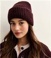 Dark Burgundy Chunky Ribbed Knit Beanie New Look