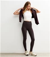 Women's Dark Brown Seamless Ribbed Jersey Leggings New Look
