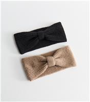 Brown Pack of 2 Ribbed Knit Knotted Headbands New Look