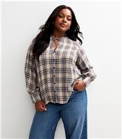 Women's Plus Size Blue Checked Tie Neck Blouse Curves New Look
