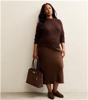 Women's Plus Size Brown Satin Midi Skirt Curves New Look