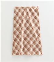 Women's Plus Size Brown Checked Satin Bias Cut Midi Skirt Curves New Look