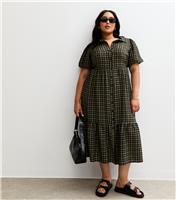 Women's Plus Size Green Check Pattern Puff Sleeve Shirt Dress Curves New Look