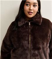 Women's Plus Size Dark Brown Faux Fur Bomber Jacket Curves New Look