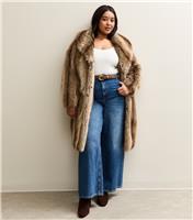 Women's Plus Size Brown Midi Faux Fur Coat Curves New Look