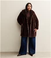 Women's Plus Size Dark Brown Faux Fur Midi Coat Curves New Look