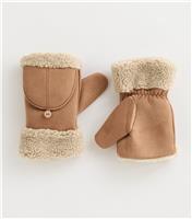 Camel Faux Suede Flip Top Mittens New Look