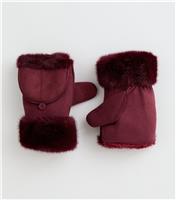 Burgundy Faux Suede Flip Top Mittens New Look
