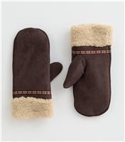 Brown Faux Suede Borg Trim Mittens New Look