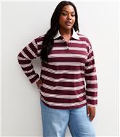 Women's Plus Size Red Striped Long Sleeve Rugby Top Curves New Look