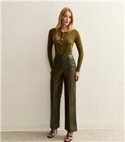 Women's Khaki Faux Leather Wide Leg Trousers New Look