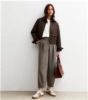 Women's Brown Herringbone Check Pattern Barrel Leg Tailored Trousers New Look