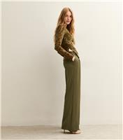 Women's Khaki Pleated Front Wide Leg Trousers New Look