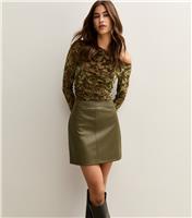 Women's Light Khaki Faux Leather A-Line Mini Skirt New Look