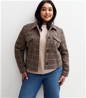 Women's Brown Check Faux Fur Collar Flap Pocket Boxy Jacket New Look