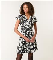 Women's Black Abstract Print Frill Sleeve Mini Dress Blue Vanilla New Look