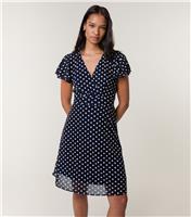 Women's Navy Spot Mesh Frill Sleeve Midi Dress Blue Vanilla New Look