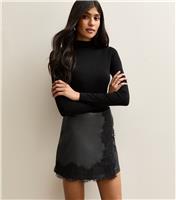Women's Black Faux Leather Lace Trim Wrap Mini Skort New Look
