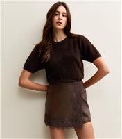 Women's Brown Faux Leather Lace Trim Wrap Mini Skort New Look