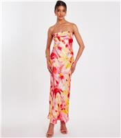 Women's Pink Satin Smudge Print Strapless Maxi Dress Quiz New Look