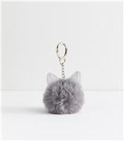 Grey Cat Pom Pom Bag Charm New Look